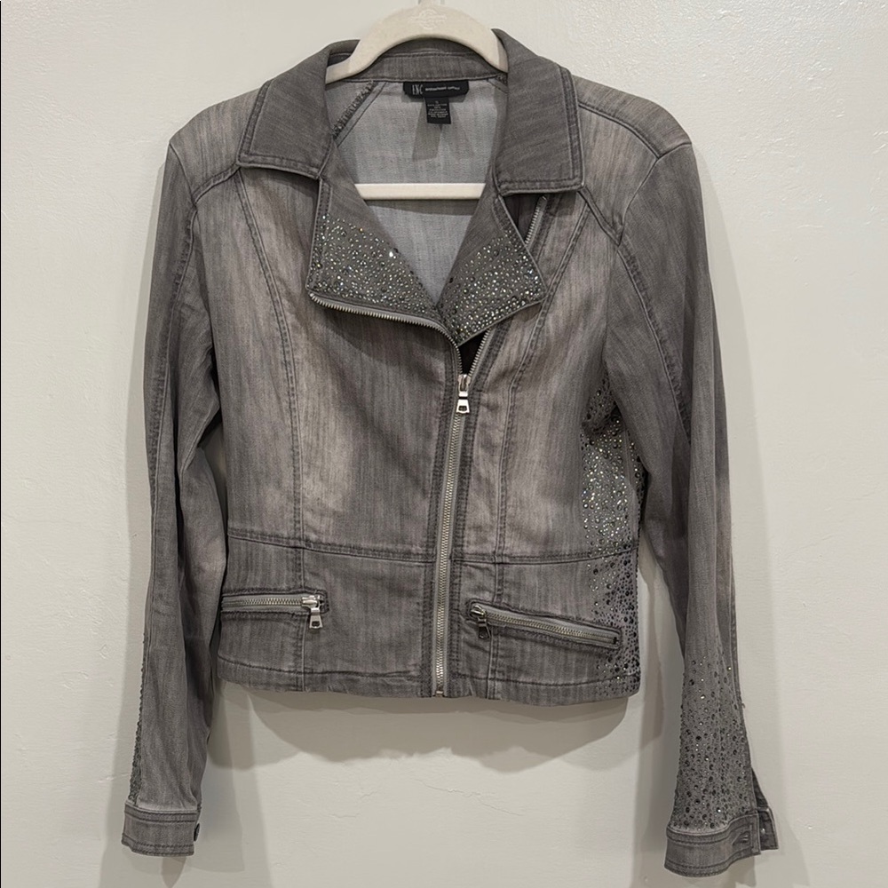 INC Crystal Embellished Grey Wash Jean Jacket